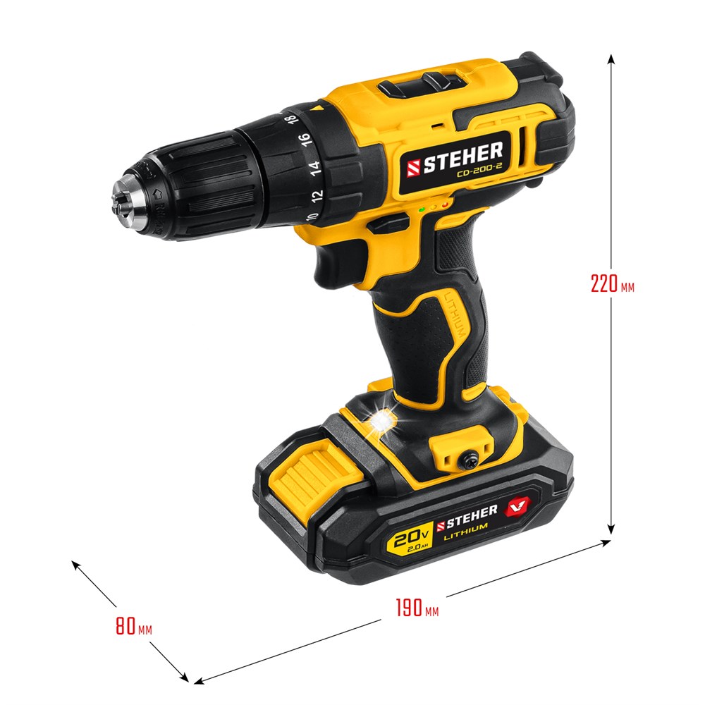 Магазин ХОЗЯИН - Дрель-шуруповерт STEHER CD-200-2, 20В, 2 АКБ (2Ач), в кейсе