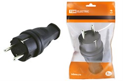 Вилка прямая TDM 0612-0001, 2Р+РЕ, 16А, 250В, IP44, с заземлением, каучук, черная 11521 - фото 107551
