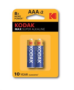 Элемент питания (батарейка) KODAK MAX SUPER Alkaline LR03-2BL, мизинчиковый, щелочной, 1.5В, 2шт. в блистере 90178