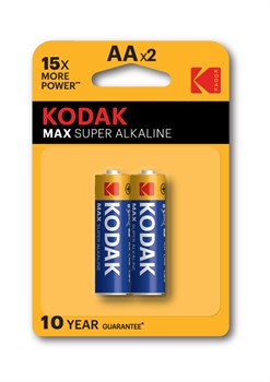 Элемент питания (батарейка) KODAK MAX SUPER Alkaline LR6-2BL, пальчиковый, щелочной, 1.5В, 2шт. в блистере 90177
