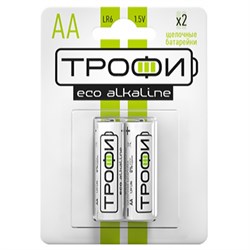 Элемент питания (батарейка) ТРОФИ ECO LR06-2BL, пальчиковый, щелочной, 1.5В, 2шт. в блистере 88012