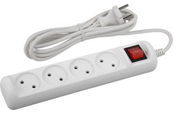 Удлинитель ЭРА U4s1,5m2x1, 4х1.5м, ПВС 2х1мм2, 10А, 2200Вт, без заземления, с выключателем, белый 87387