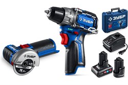 Набор инструментов аккумуляторных ЗУБР Профессионал DB-121-42AB Компакт №5: дрель-шуруповерт, мини-УШМ, 45Нм, 2 АКБ тип Т7, в кейсе 92268