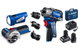 Набор инструментов аккумуляторных ЗУБР Профессионал DB-125-22F Комби №5: дрель-шуруповерт, мини-УШМ, LED фонарь, 45Нм, 2 АКБ тип Т7, в кейсе 92273