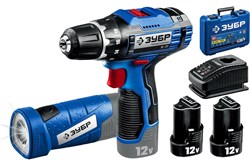 Набор инструментов аккумуляторных ЗУБР Профессионал DL-121-22F: дрель-шуруповерт, LED-фонарь, 40Нм, 2 АКБ тип Т7, в кейсе 92266