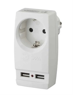 Разветвитель/тройник ЭРА SP-1e-USB-W Б0027836, одноместный, 16А, + 2 USB 2A, с заземлением, белый 85418