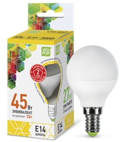 Лампа светодиодная ASD Шар Р45 Е14  5 W (400lm) 3000К пластик/алюм standart - фото 21059
