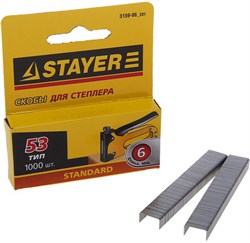 Скобы STAYER Standart для степлера, тип 53, 6мм, тонкие, упаковка 1000шт - фото 39014