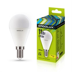 Лампа светодиодная Ergolux LED-G45-11W-E14-3K, 11Вт, 180-240В, шар, Е14 51478 - фото 41269