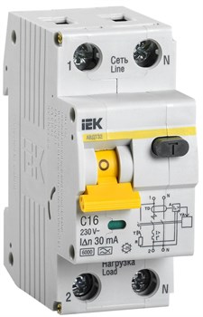 Выключатель автоматический дифференциального тока IEK АВДТ32, 2 полюса, C, 16А, 30мА - фото 54022