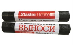 Мешки для мусора "ВЫНОСИ" MasterHouse 60145, 60л, 14мкм, ПНД, в рулоне 10шт, с завязками, черные - фото 55280