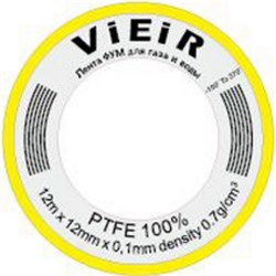 Лента фторопластового уплотнительного материала (фумлента) ViEiR VR8097 для уплотнения резьбовых соединений и фитингов, 0.1x12ммx12м, 0.25г/см3 - фото 59386