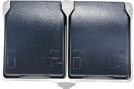 Розетка стационарная IEK РСб22-3-ФСр Форс, двухместная, 16А, 250В, IP54, накладная, серый, с заземлением, с защитной крышкой 32647