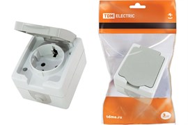 Розетка стационарная TDM Вуокса SQ1803-0007, одноместная, 2P+E, 16А, 250В, IP54, накладная, серый, с заземлением, с защитной крышкой 21151