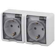 Розетка стационарная ЭРА Эксперт ЭРА 11-2403-01, двухместная, 2х2P+E, 16А, 250В, IP54, накладная, белый, с заземлением, с защитными крышками 51070