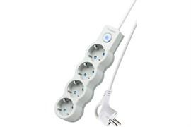 Удлинитель КОСМОС, 4х3м, ПВС 3х0.75мм2, 10А, 2200Вт, с заземлением, с защитными шторками, с выключателем, белый 86390