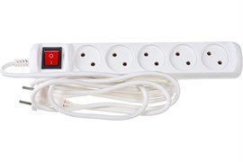 Удлинитель ЭРА U-5s-3m-2x1, 5х3м, ПВС 2х1мм2, 10А, 2200Вт, без заземления, с выключателем, белый 83221