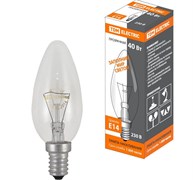 Лампа накаливания TDM Electric  ЛОН, 40В, 230Вт, прозрачная, свеча, Е14 90555
